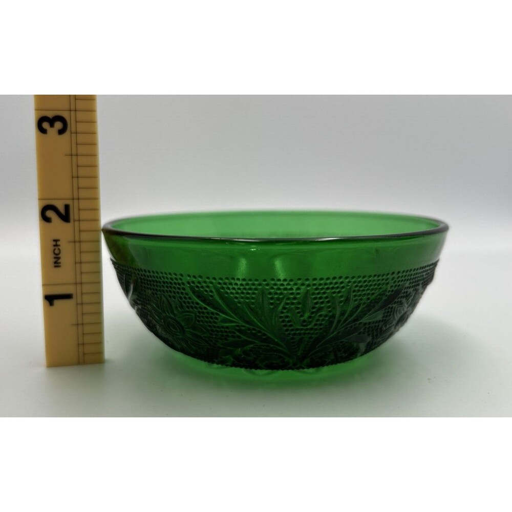 Vintage Emerald Green Pressed Glass Berry Dessert Bowls Floral Set of 2 - Picture 4 of 9